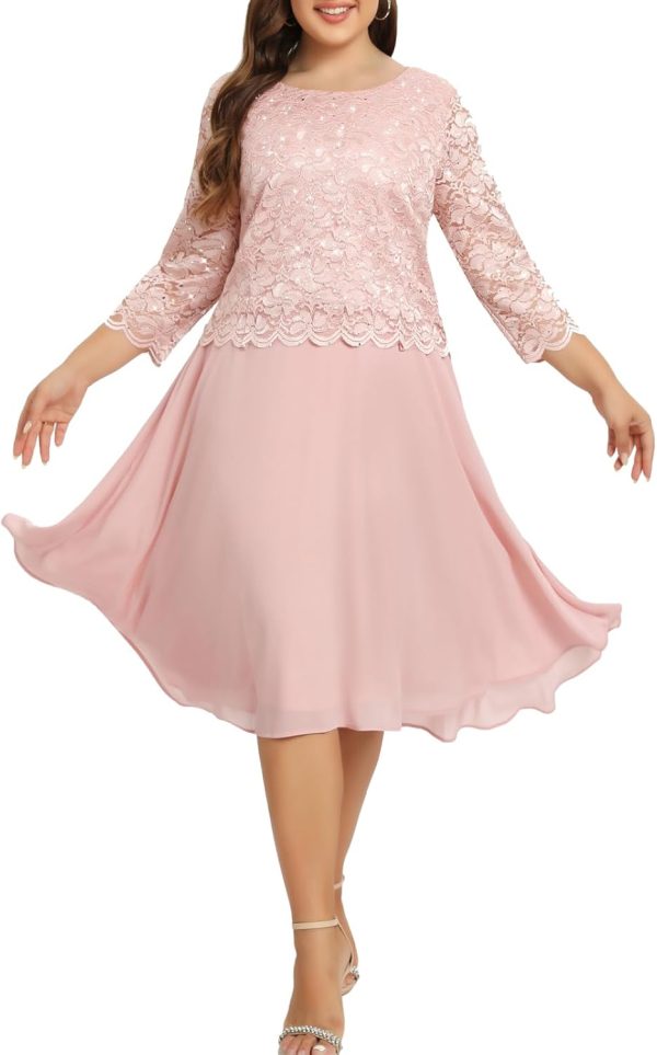 Women's Plus Size Tea Length Sequin Lace Dress Mother Gifts Special Occasion Wedding Party Dresses