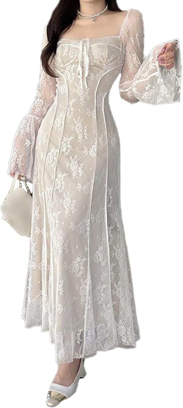 xxxiticat Women's Floral Lace Maxi Dress Long Sleeve Square Neck Flower Print Swing Hem Layered White Fairy Long Dress