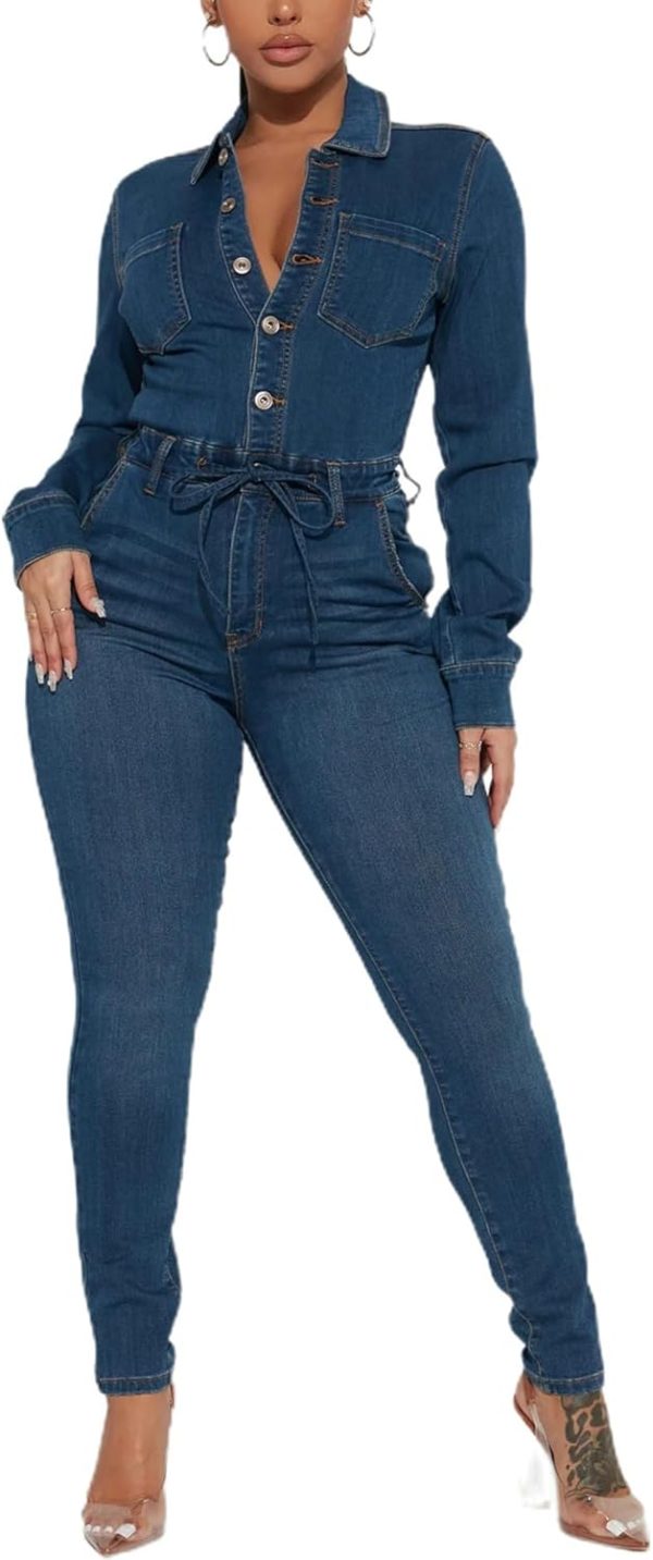 xxxiticat Women's Denim Jumpsuit Casual Long Sleeve Button Down Belted Lace Up Skinny Bodycon One Piece Jean Rompers