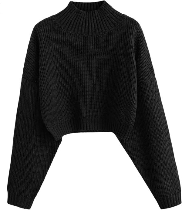 ZAFUL Women's Cropped Turtleneck Sweater Lantern Sleeve Ribbed Knit Pullover Sweater Jumper (0-Black, S)