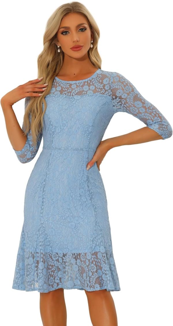 Allegra K Elegant Lace Dress for Women's 3/4 Sleeves Ruffles Bodycon Fishtail Dress