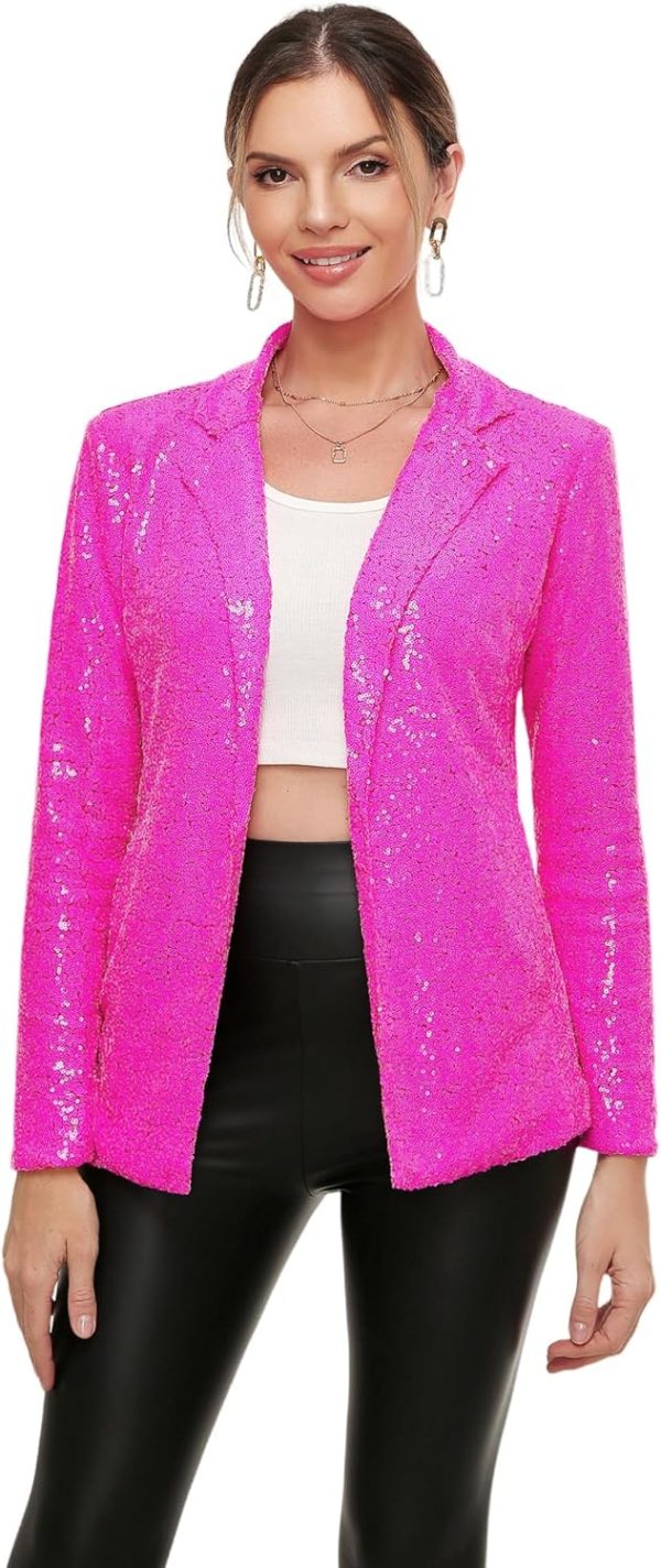 Women's Sequin Jacket Open Front Sparkly Blazer Jackets Casual Long Sleeve Party Glitter Cardigan Coat with Pockets